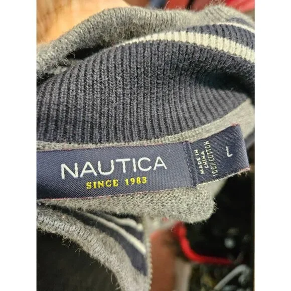 Nautica Red Gray Striped Quarter Zip Sweater Men's Size Large Cotton - Picture 4 of 7